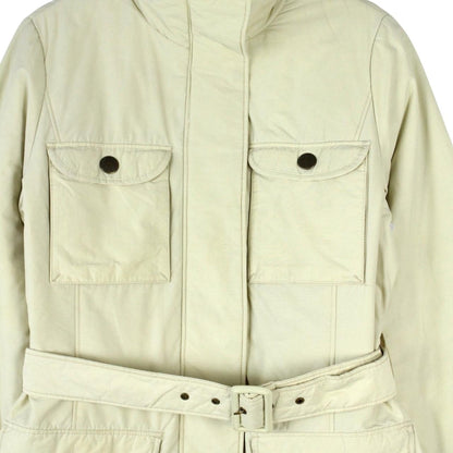 Burberry cream belted down jacket with classic logo and quilted texture.