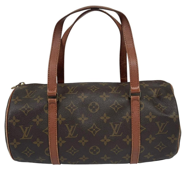 Louis Vuitton duffel bag brown and tan monogram canvas with logo pattern and wear.