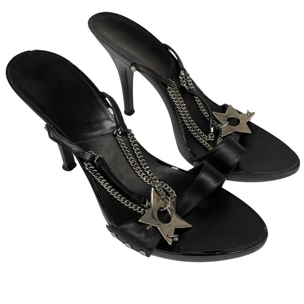 Christian Dior Black and Silver Patent Leather Chain Slingback High Heels