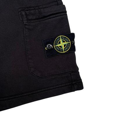Stone Island black jogger shorts with logo patch and cotton material.