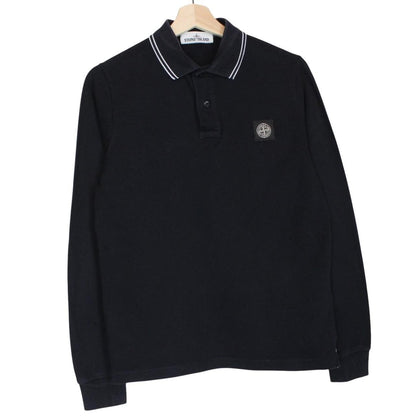 Stone Island black long sleeve polo shirt with embroidered compass logo, slim fit.