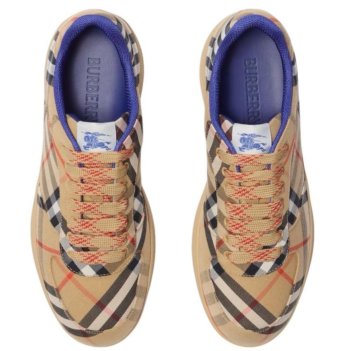 Burberry tan brown check trainers with logo detail and original box.