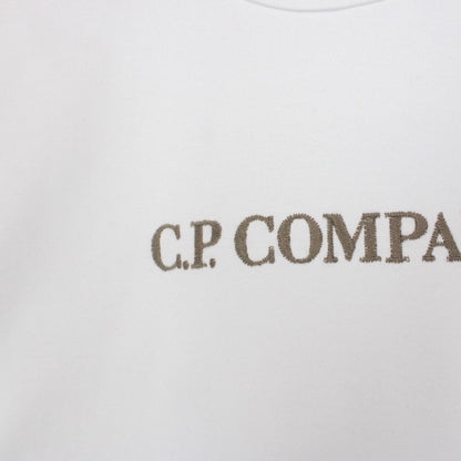 CP Company white pocket t-shirt with embroidered logo and mercerized cotton fabric.