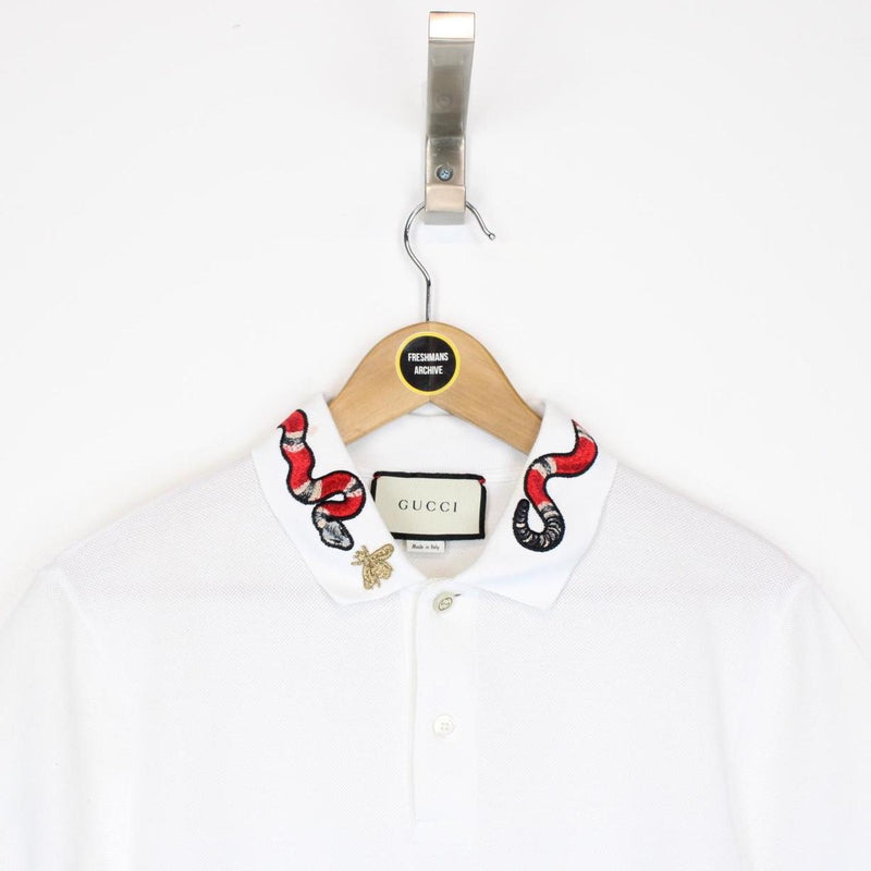 Gucci White Kingsnake Embroidered Short Sleeve Cotton Polo Shirt
