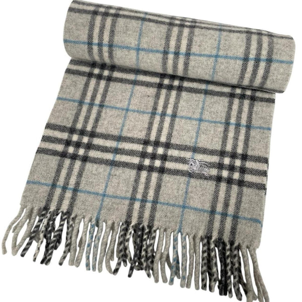 Burberry grey lambswool scarf featuring classic Nova Check pattern and frayed edges.