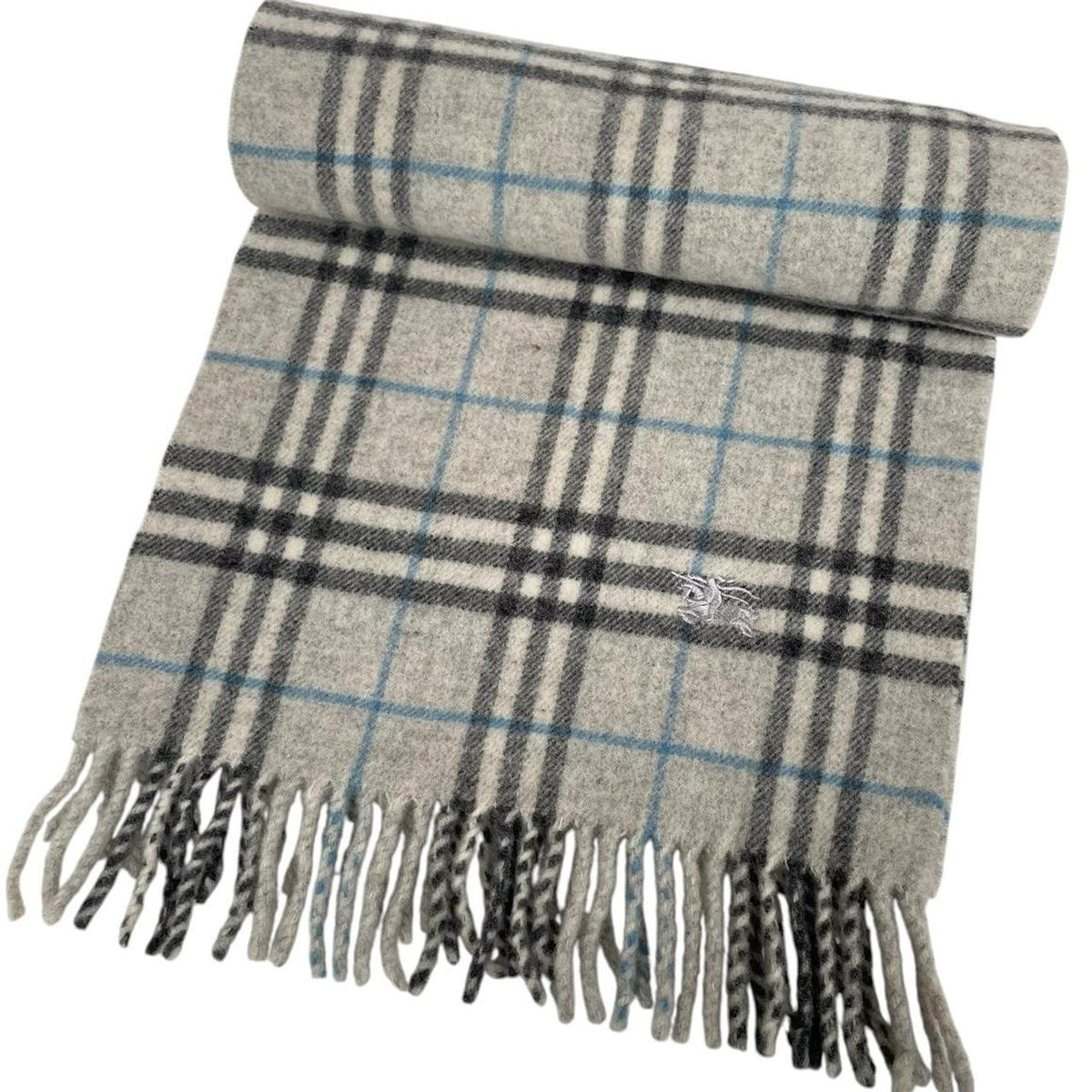Burberry grey lambswool scarf featuring classic Nova Check pattern and frayed edges.