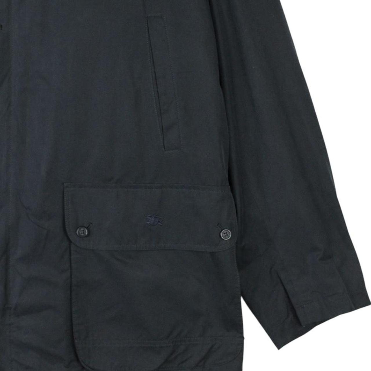 Burberry navy blue wool coat with Nova Check lining and logo detail.