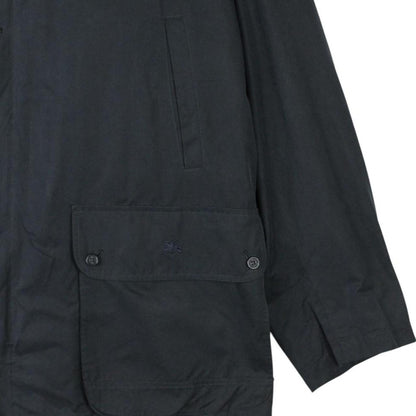Burberry navy blue wool coat with Nova Check lining and logo detail.