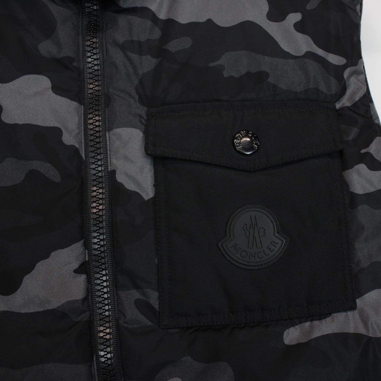 Moncler black and grey full zip down hooded gilet with logo and quilted design.