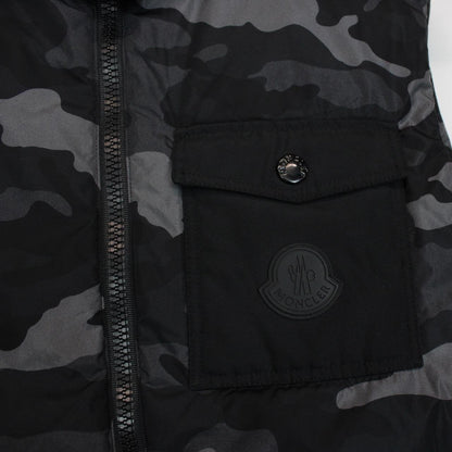 Moncler black and grey full zip down hooded gilet with logo and quilted design.