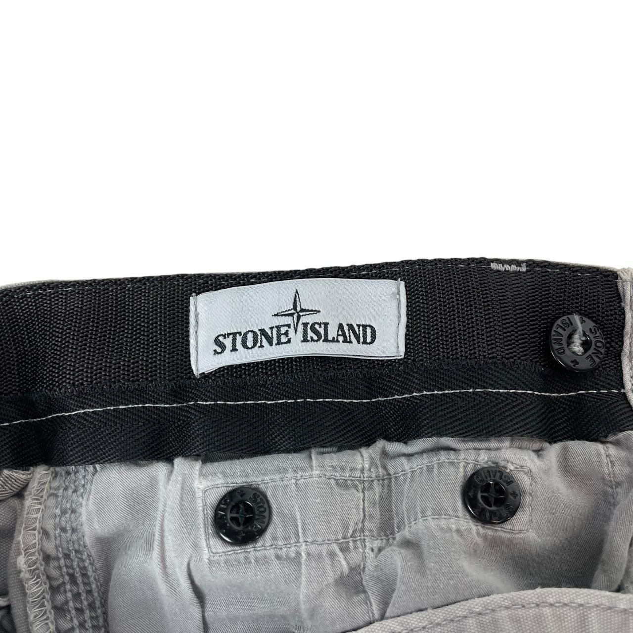 Stone Island grey slim fit cargo trousers with logo patch and repaired back pockets.