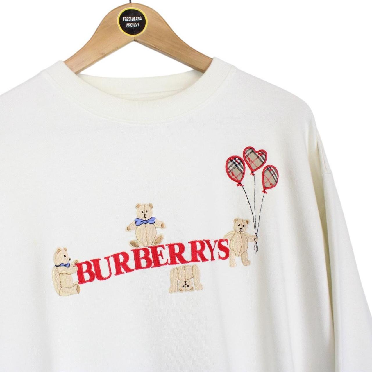 Vintage Burberry Embroidered Bear Print White Cotton Sweatshirt