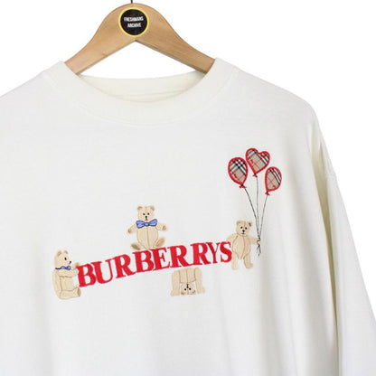 Vintage Burberry Embroidered Bear Print White Cotton Sweatshirt