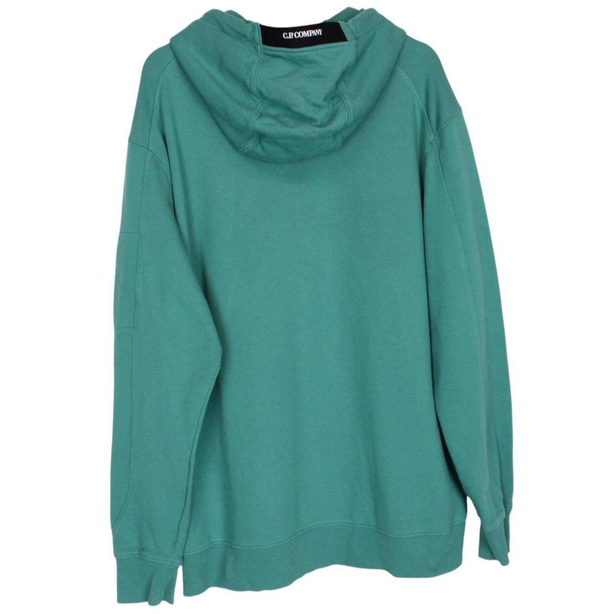 CP Company green hoodie jumper with lens detail and cotton material.