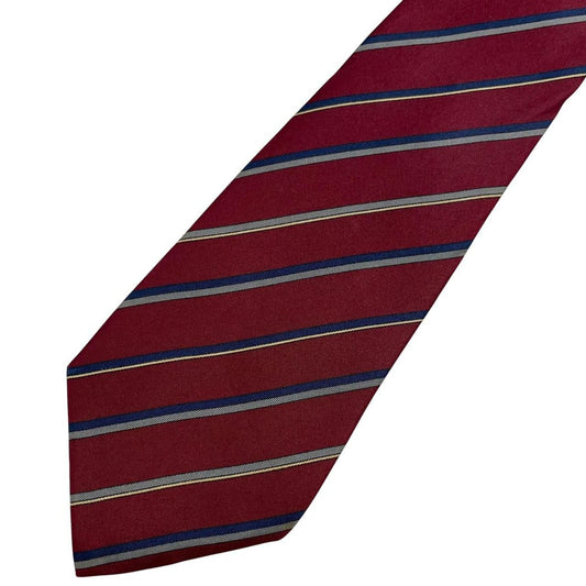 Valentino burgundy silk tie with vintage stripes and logo detail.