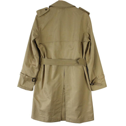 Aquascutum tan brown double breasted trench coat with house check pattern and belted waist.