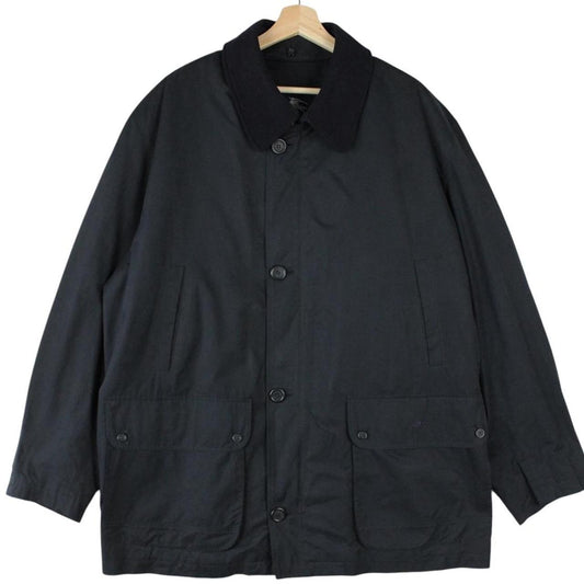 Burberry navy blue wool coat with Nova Check lining and logo detail.