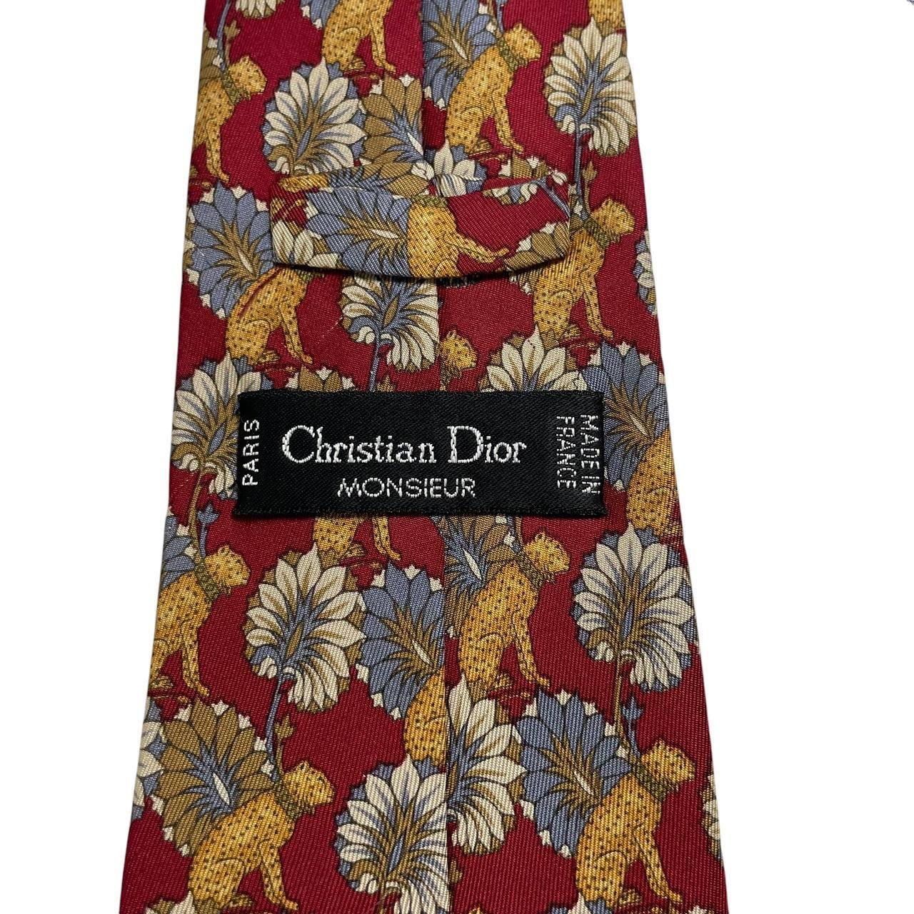 Christian Dior multicoloured silk tie featuring leopard print pattern and logo detail.