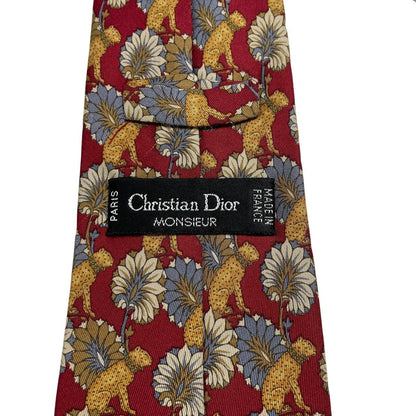 Christian Dior multicoloured silk tie featuring leopard print pattern and logo detail.