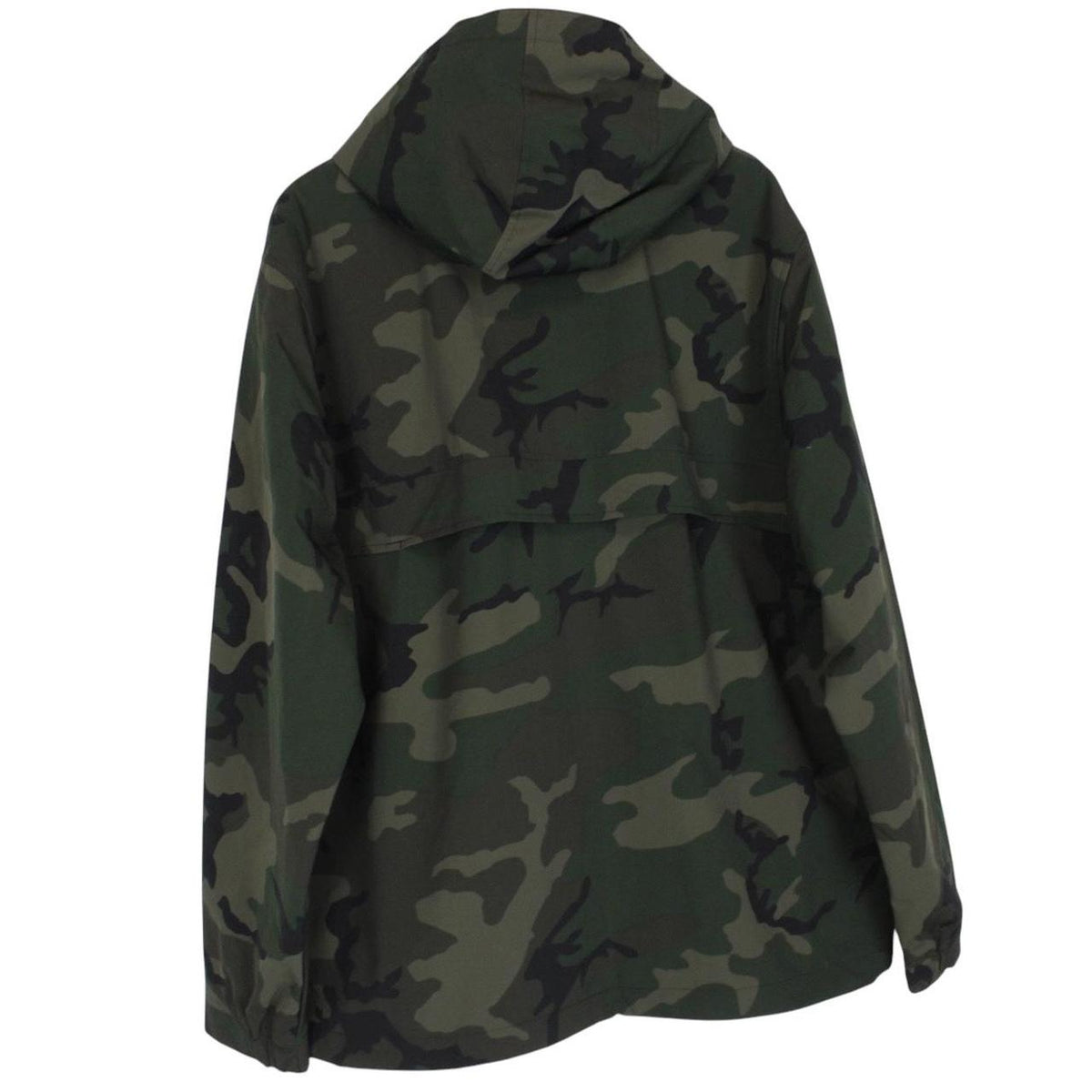 Carhartt camouflage hooded pullover jacket with logo and durable material.