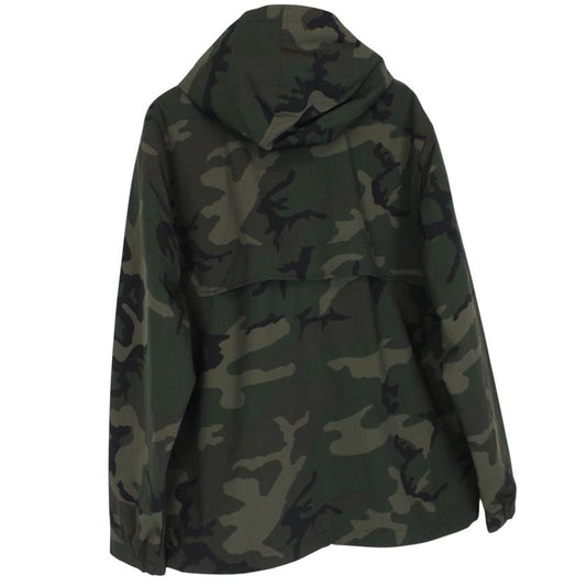 Carhartt camouflage hooded pullover jacket with logo and durable material.