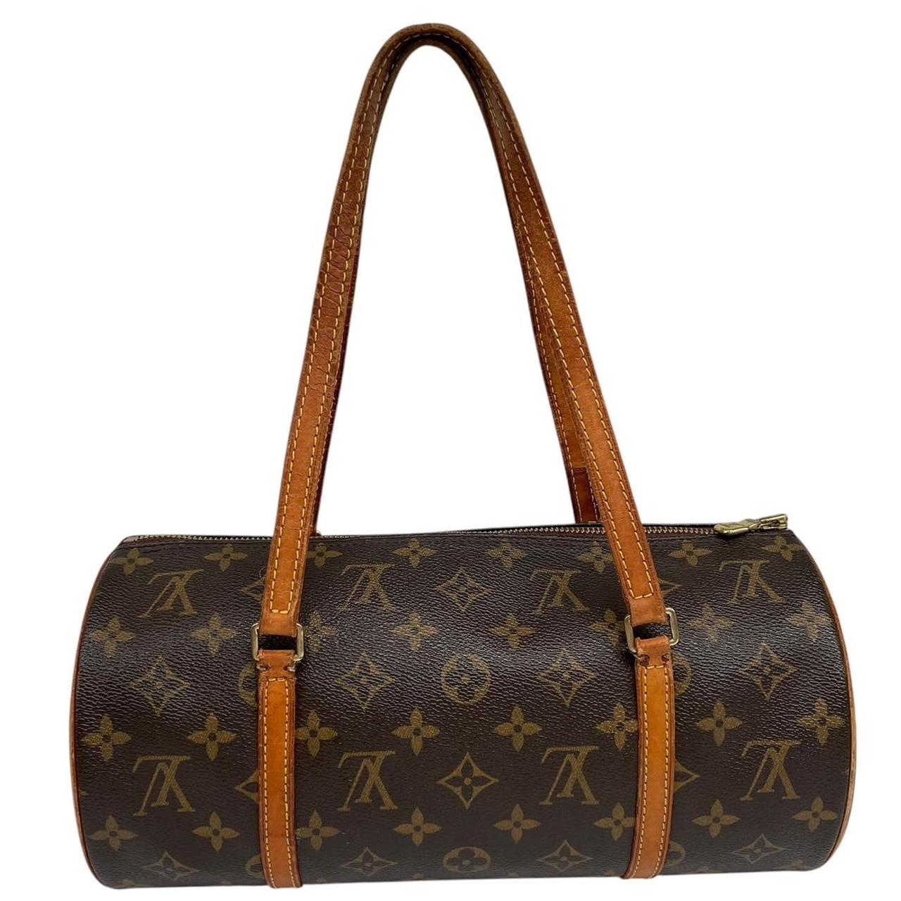 Louis Vuitton duffel bag brown and tan monogram canvas with logo and piping details.