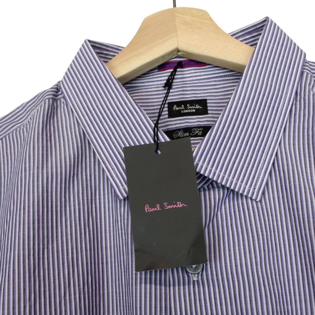Paul Smith purple and white striped long sleeve cotton shirt with tags attached.