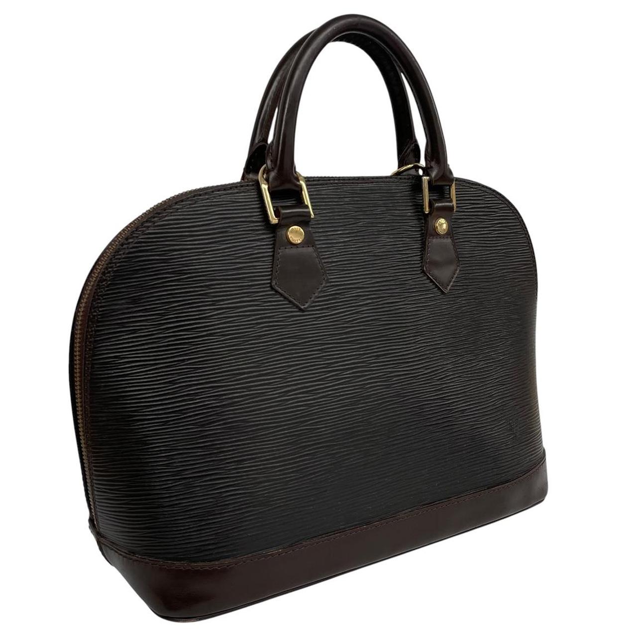 Louis Vuitton black Epi leather duffel bag with iconic logo and structured design.