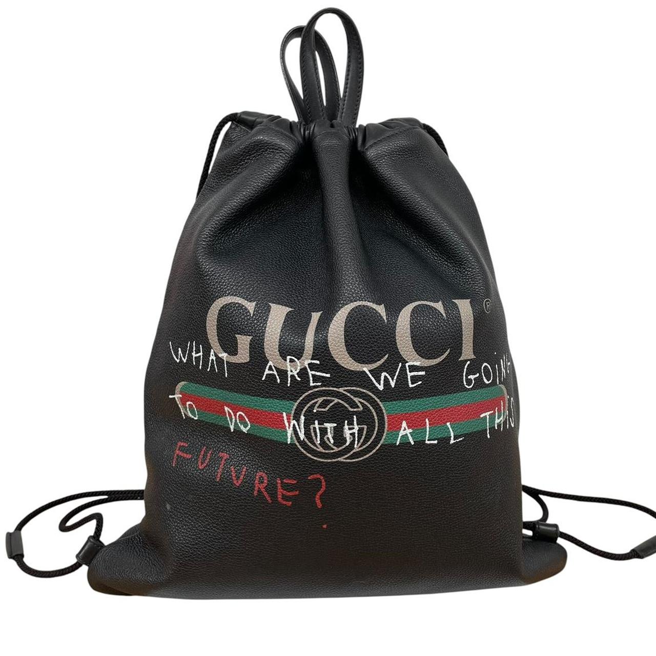 Gucci Black Coco Capitan Calfskin Leather Logo Print Drawstring Backpack