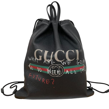 Gucci Black Coco Capitan Calfskin Leather Logo Print Drawstring Backpack