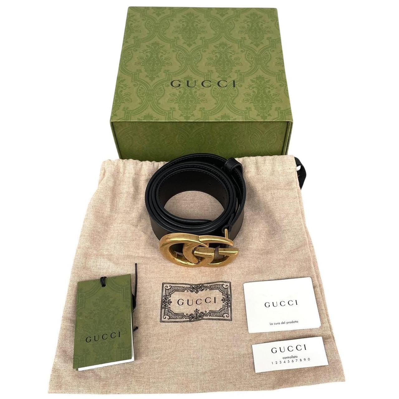 Gucci Black and Antique Brass Marmont Wide Leather Belt with GG Buckle