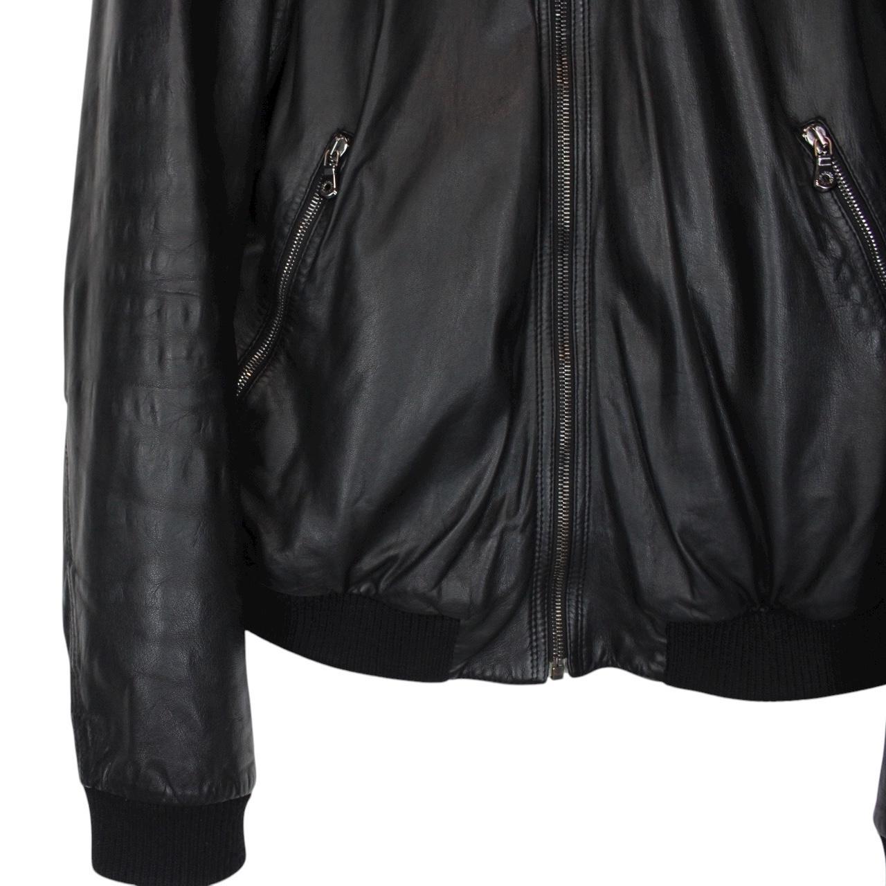 Dolce &amp; Gabbana Black Full Zip Logo Plaque Leather Jacket
