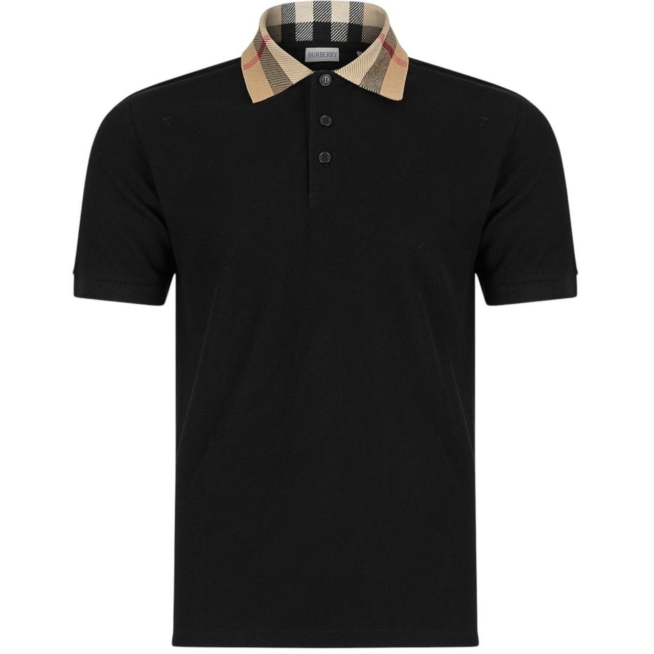 Burberry beige polo shirt with black Nova Check collar and cotton material.