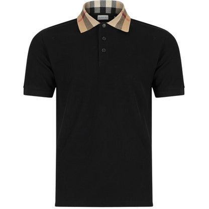 Burberry beige polo shirt with black Nova Check collar and cotton material.