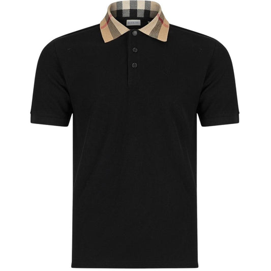 Burberry beige polo shirt with black Nova Check collar and cotton material.