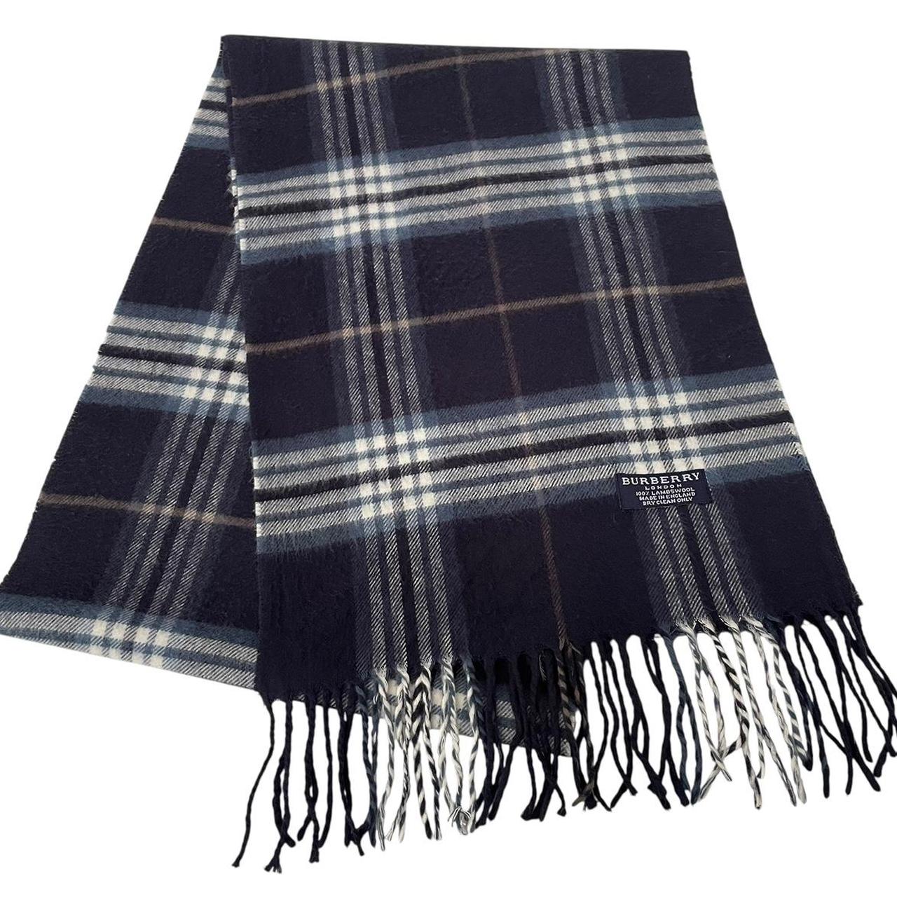Vintage 90s Burberry Navy Blue Check Lambswool Scarf