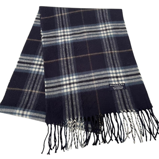 Vintage 90s Burberry Navy Blue Check Lambswool Scarf