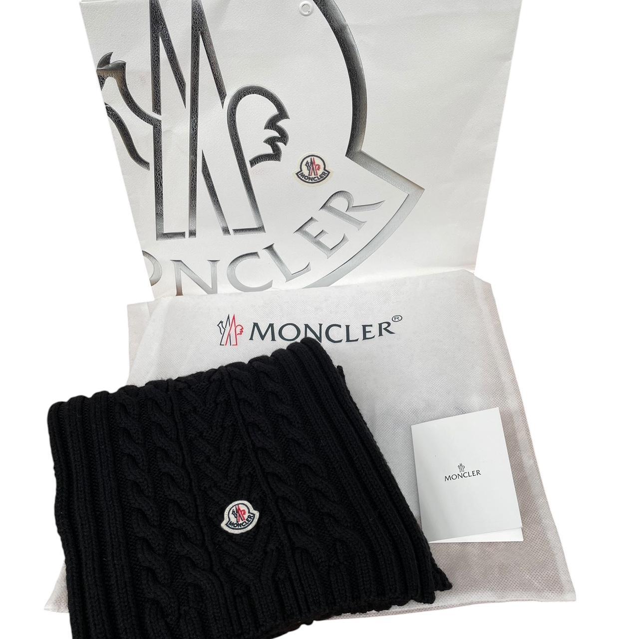 Moncler Black Virgin Wool Cable Knit Logo Scarf