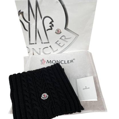 Moncler Black Virgin Wool Cable Knit Logo Scarf