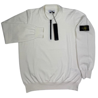 Stone Island white knit jumper with collared design and logo patch.