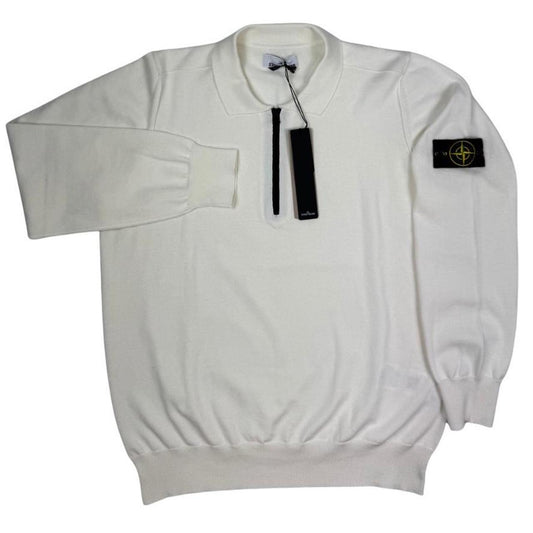 Stone Island white knit jumper with collared design and logo patch.