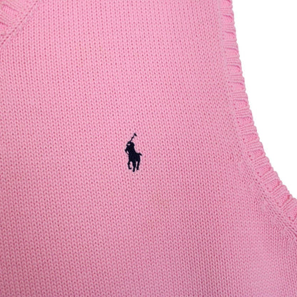 Polo Ralph Lauren pink cotton sweater vest with embroidered logo and ribbed hem.