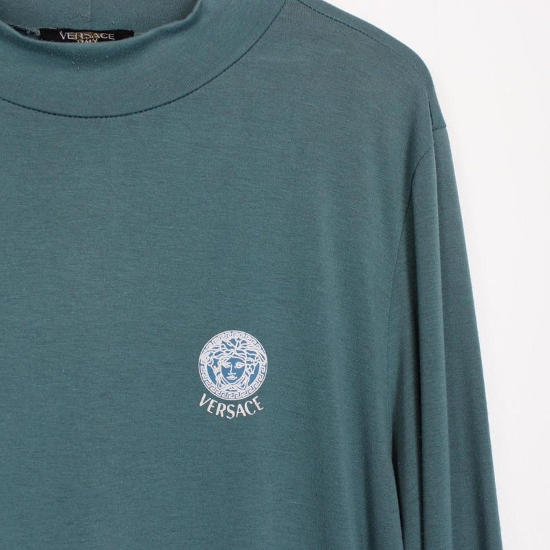 Vintage Versace Green Long Sleeve Cotton Mock Neck T-Shirt