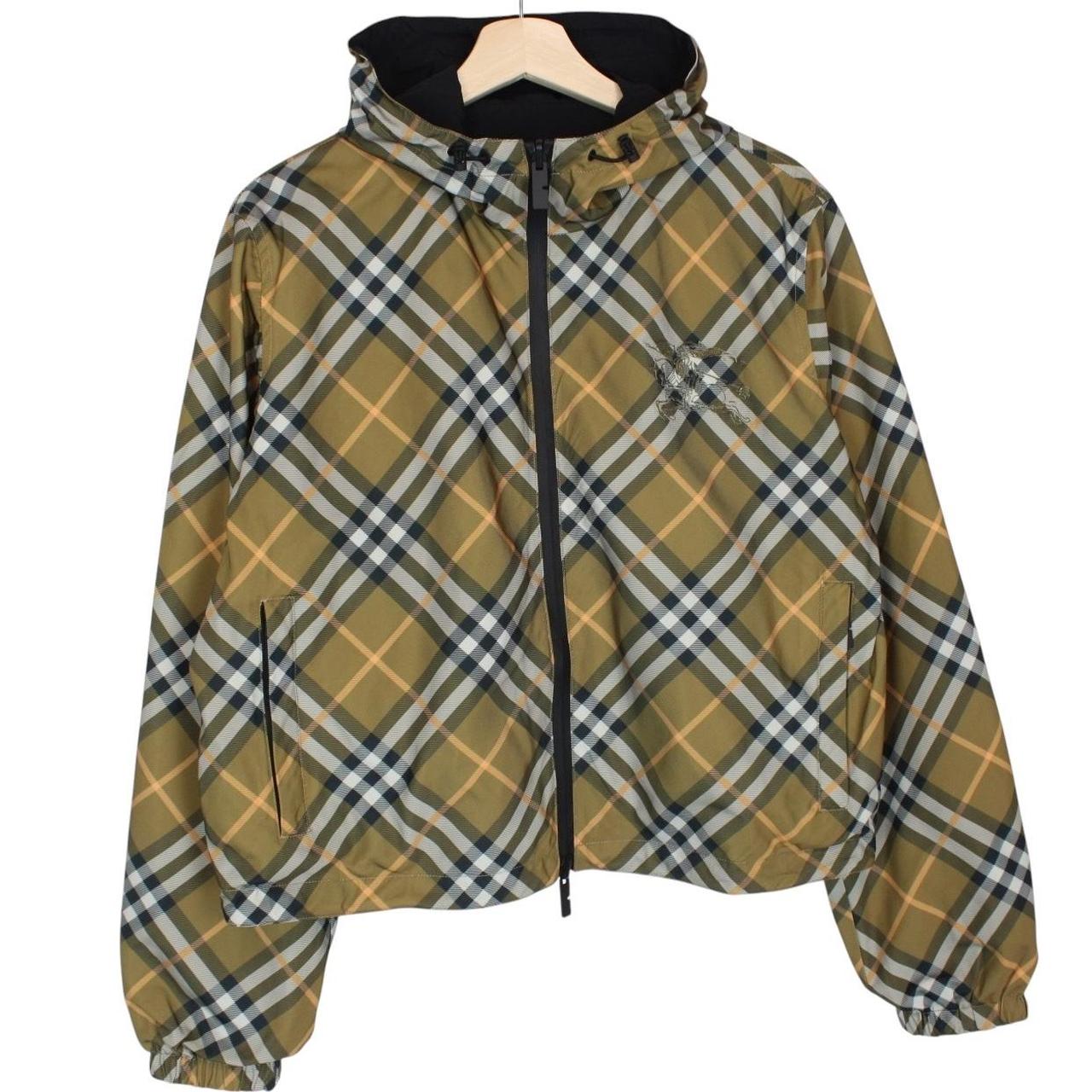 Burberry reversible nylon jacket in brown and black Nova Check pattern with logo.