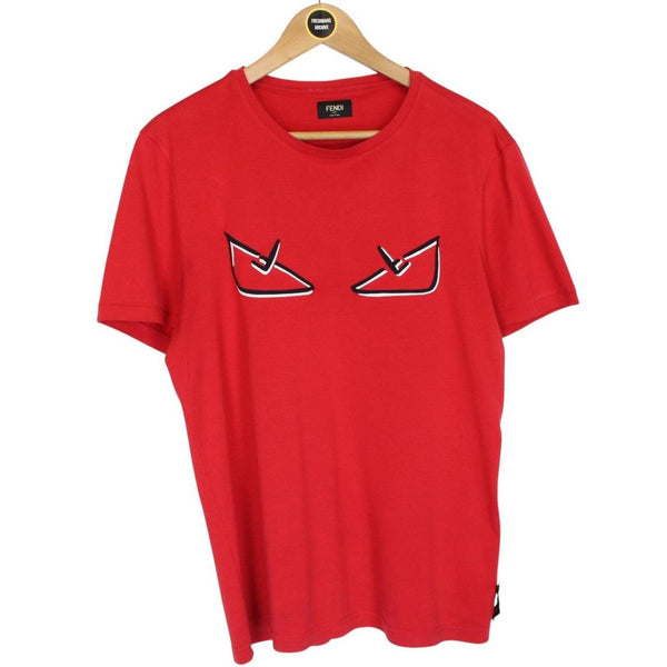 Fendi Red and Black Bag Bug Eyes Short Sleeve Cotton T-Shirt