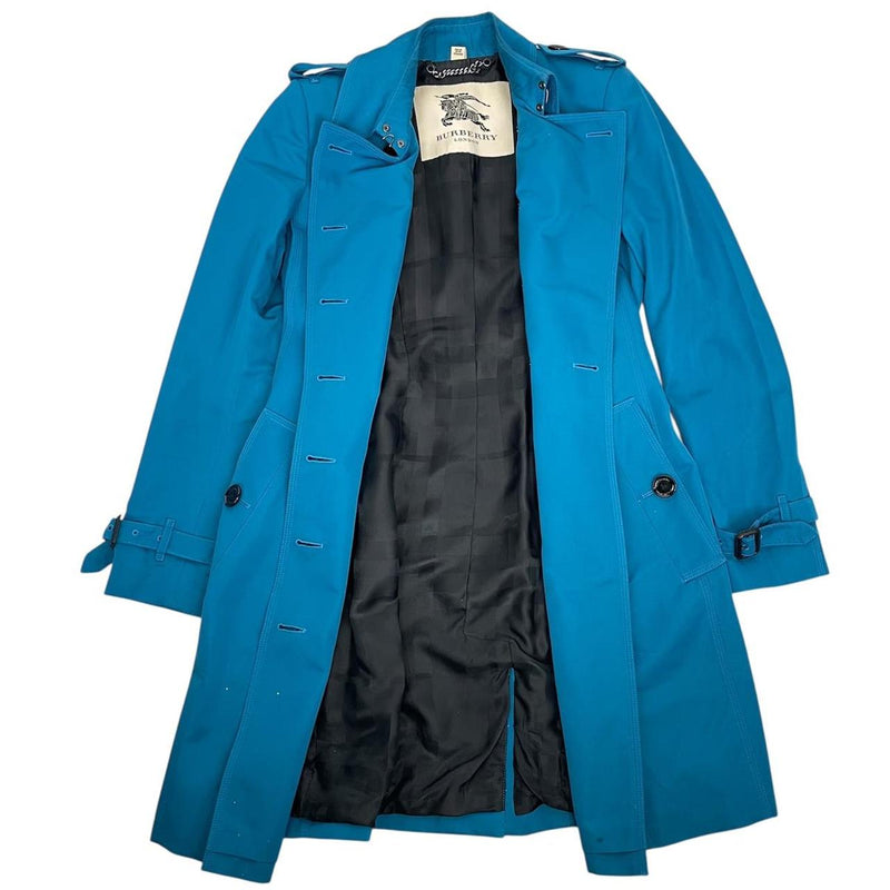 Burberry London Teal Blue Nova Check Double Breasted Belted Trench Coat