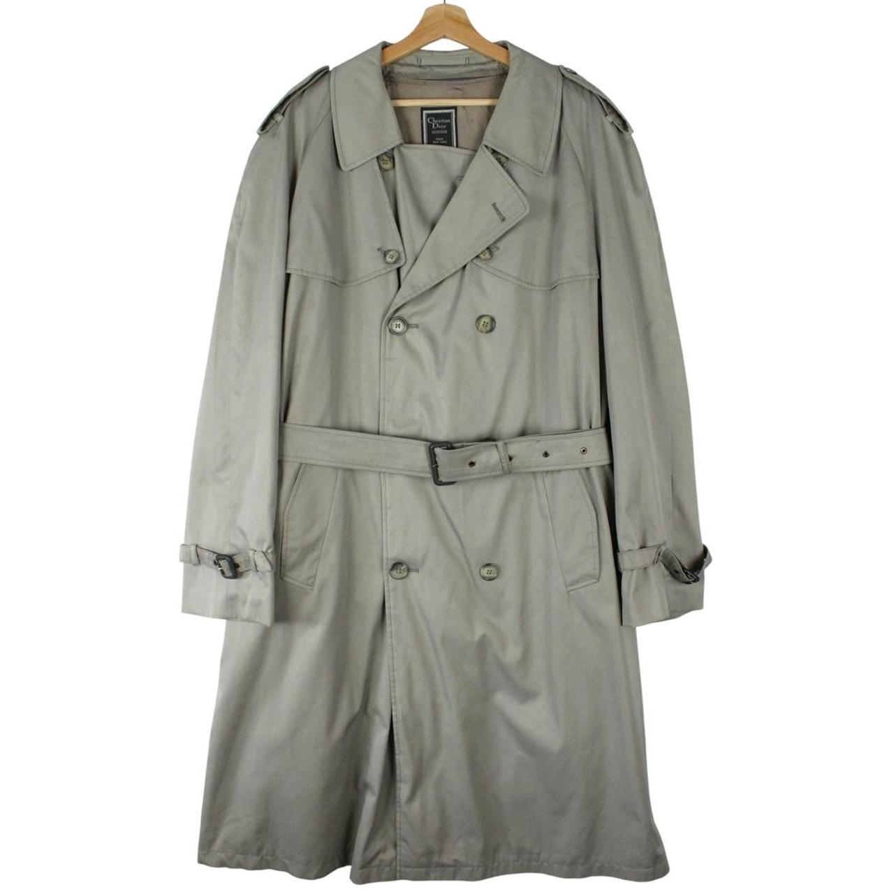 Christian Dior grey double-breasted trench coat with removable wool lining and belted waist.