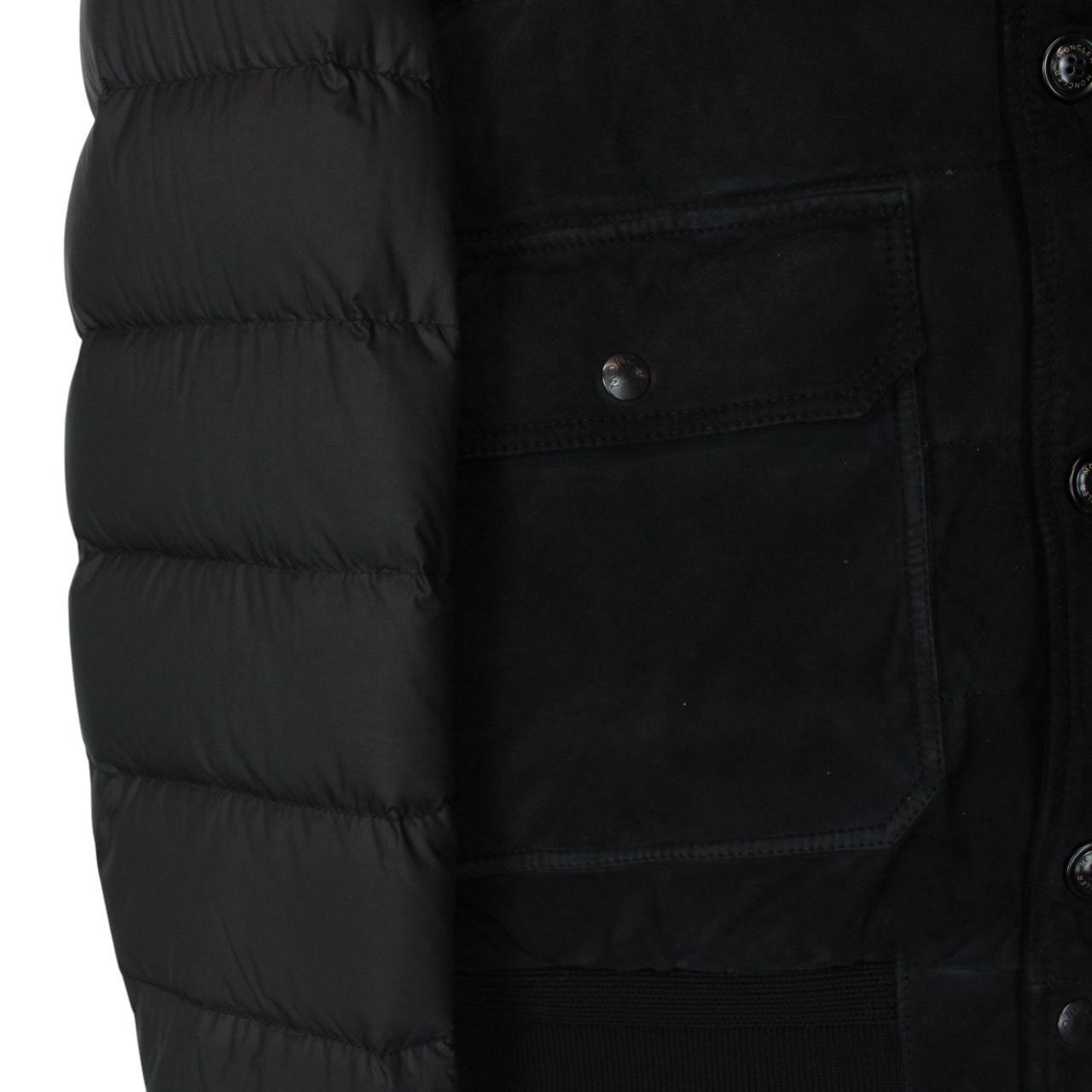 Moncler black suede leather down jacket with full zip and missing badge detail.