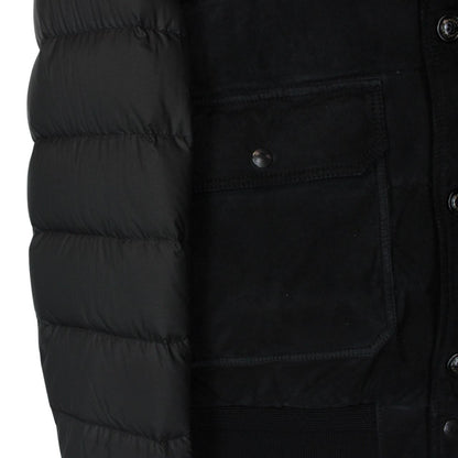 Moncler black suede leather down jacket with full zip and missing badge detail.