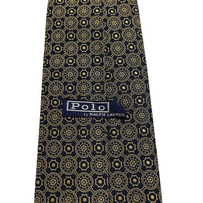 Polo Ralph Lauren black and gold silk tie with geometric print design.
